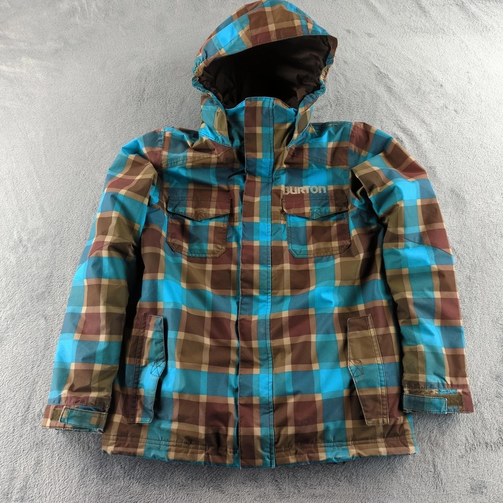 Burton Jacket Youth Large 14/16 Brown Blue Plaid Hooded DRYRIDE Snowboard Coat